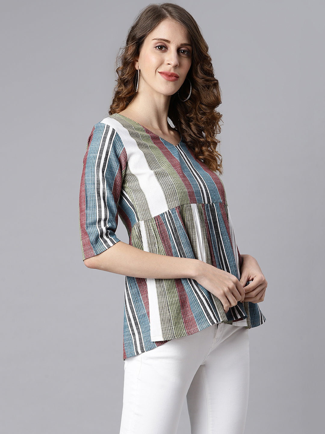 Janasya Women's Multicolor Cotton Striped Gathered Top | Swadesiicart