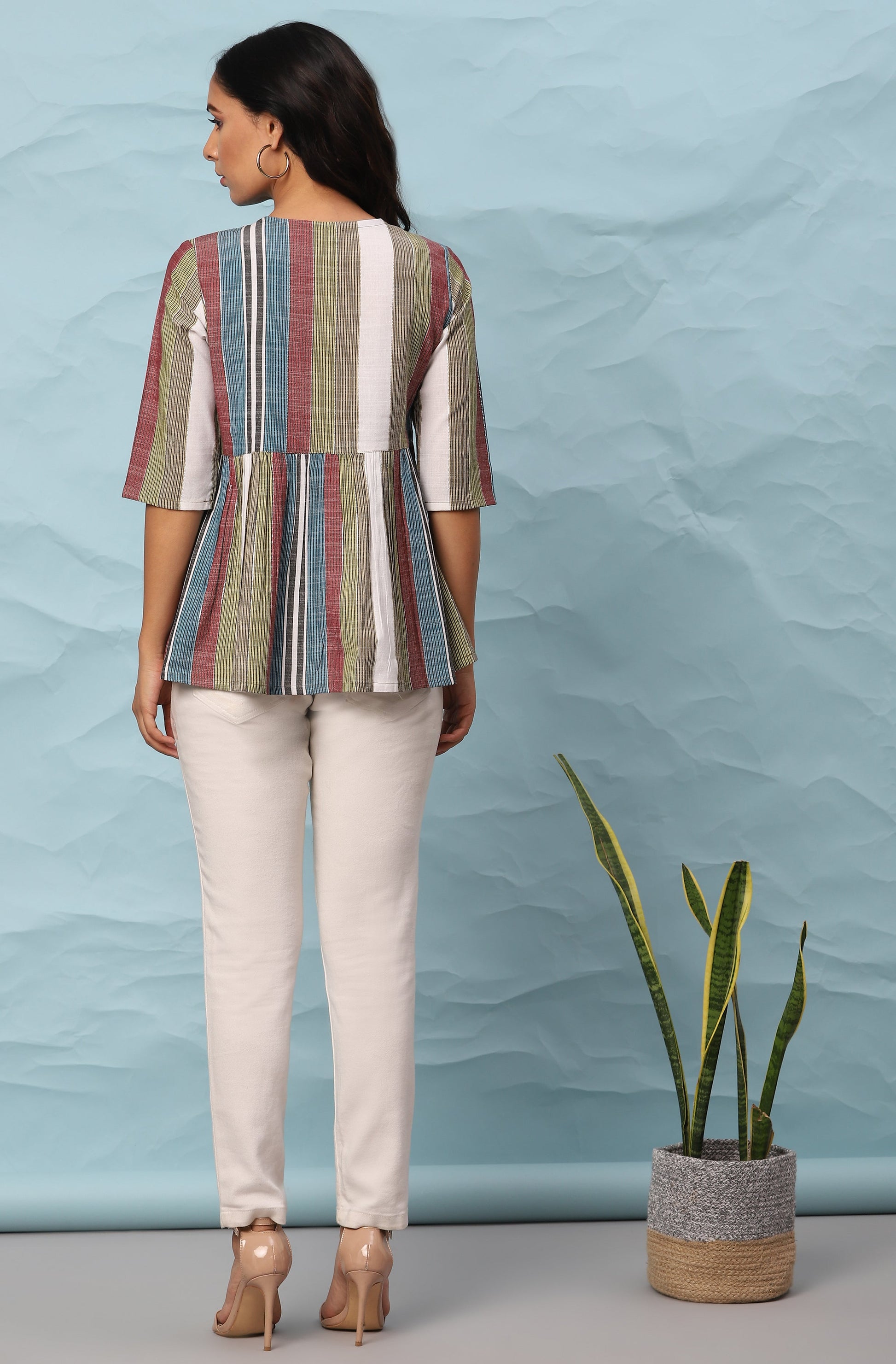 Janasya Women's Multicolor Cotton Striped Gathered Top | Swadesiicart