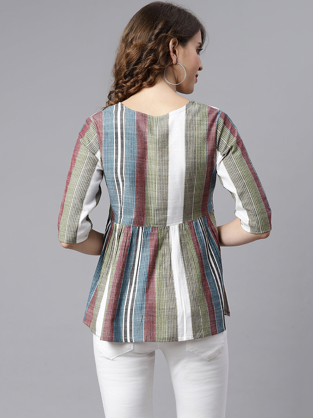 Janasya Women's Multicolor Cotton Striped Gathered Top | Swadesiicart