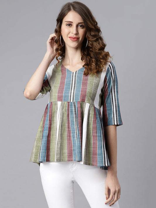 Janasya Women's Multicolor Cotton Striped Gathered Top | Swadesiicart