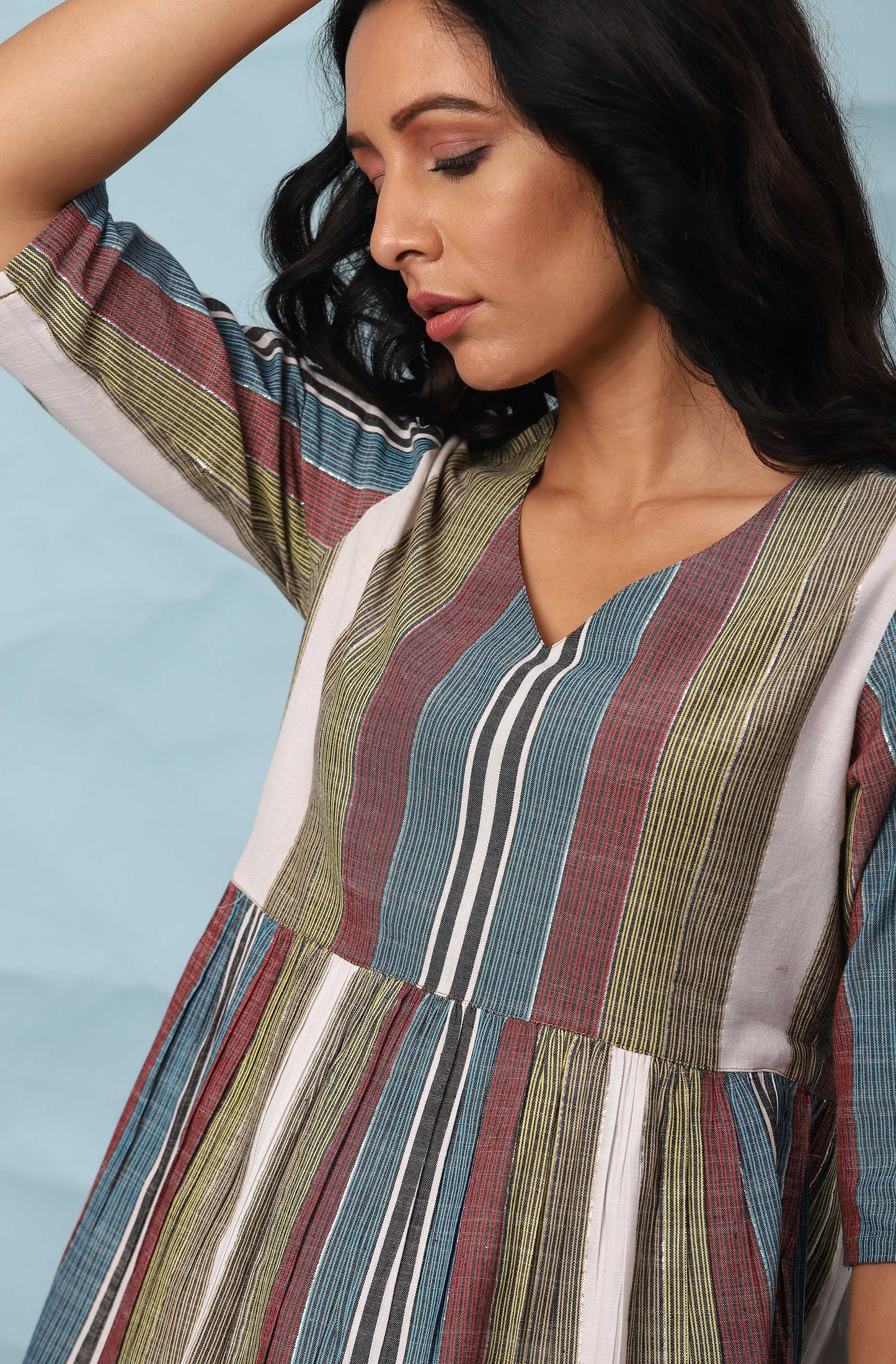 Janasya Women's Multicolor Cotton Striped Gathered Top | Swadesiicart
