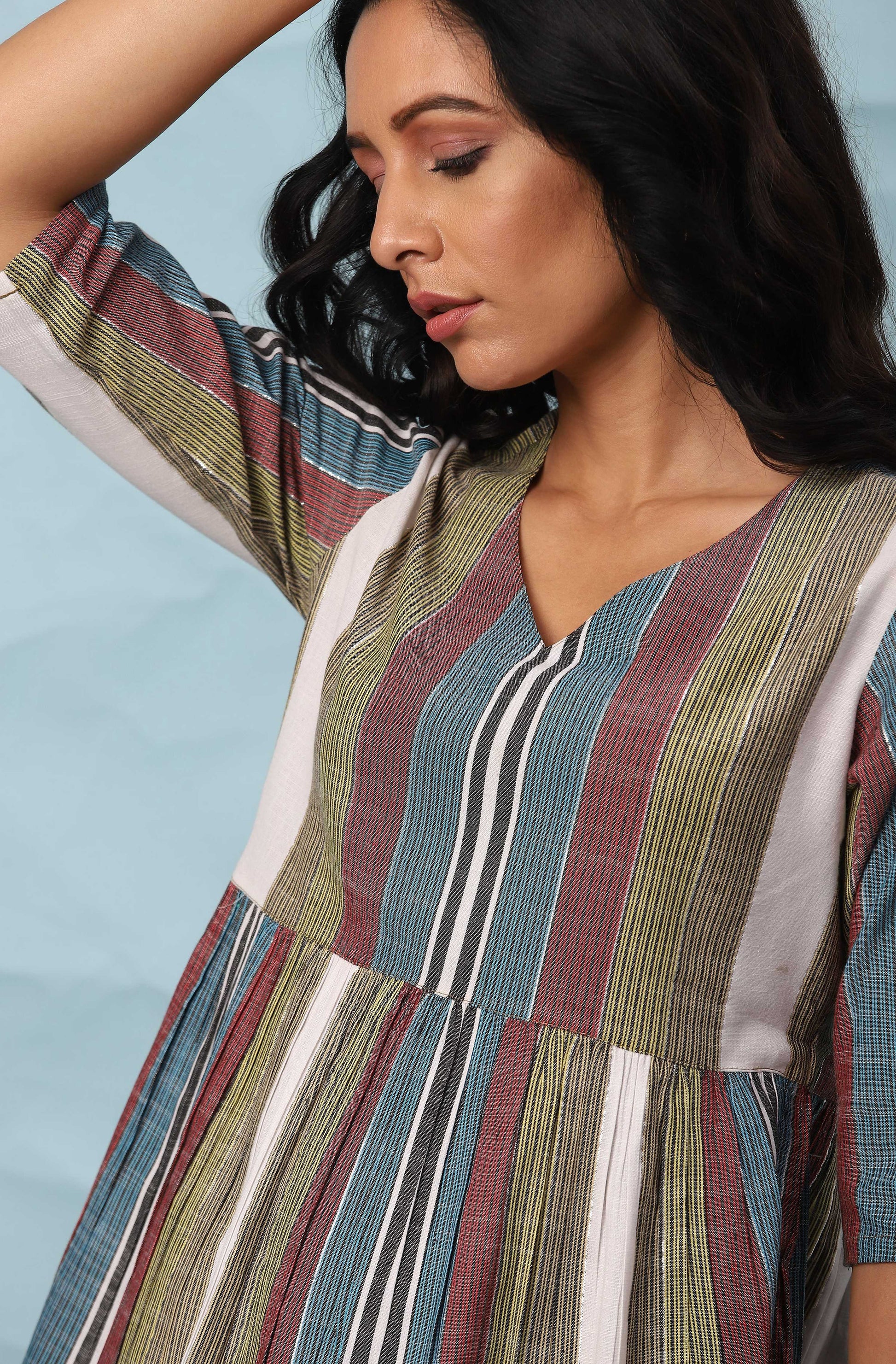 Janasya Women's Multicolor Cotton Striped Gathered Top | Swadesiicart