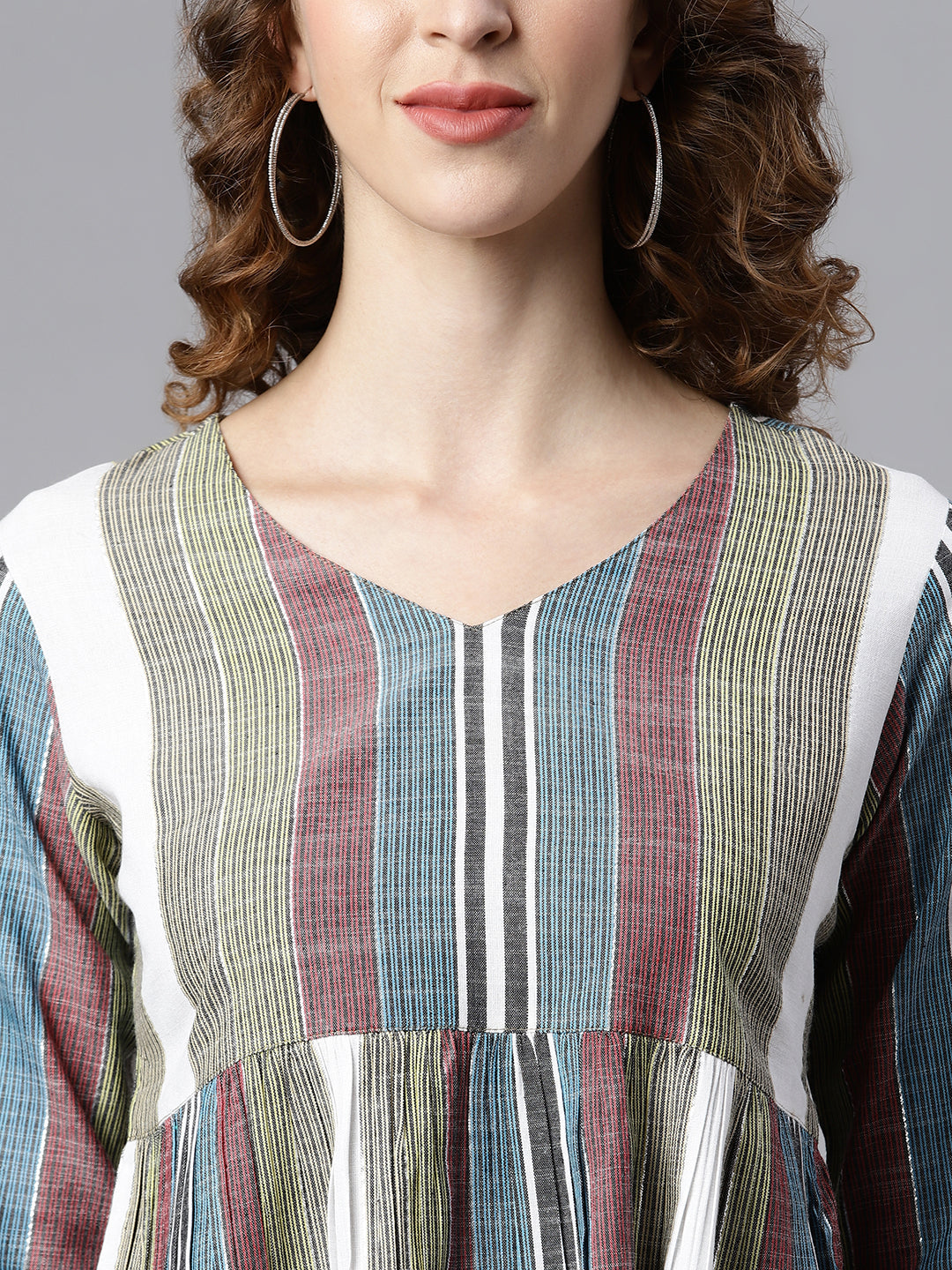 Janasya Women's Multicolor Cotton Striped Gathered Top | Swadesiicart