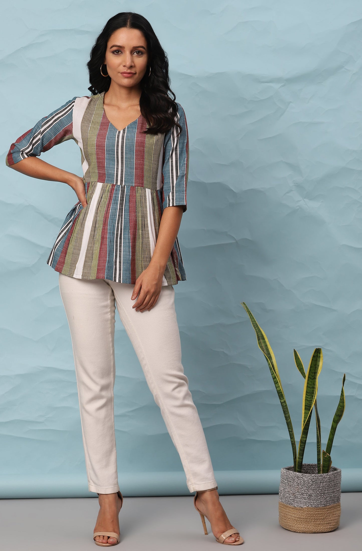 Janasya Women's Multicolor Cotton Striped Gathered Top | Swadesiicart