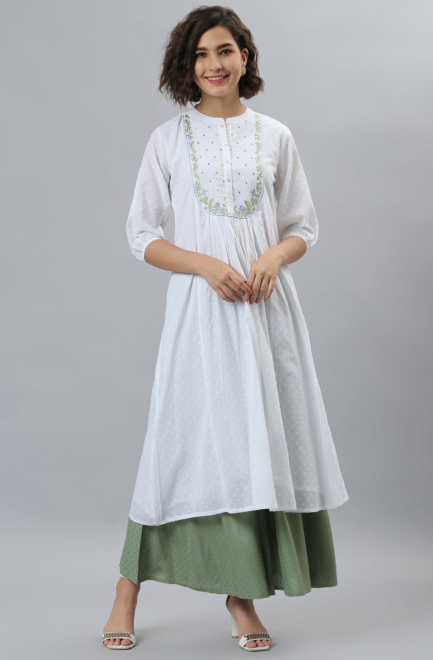Janasya Women's White Cotton Embroidered Flared Kurta | Swadesiicart