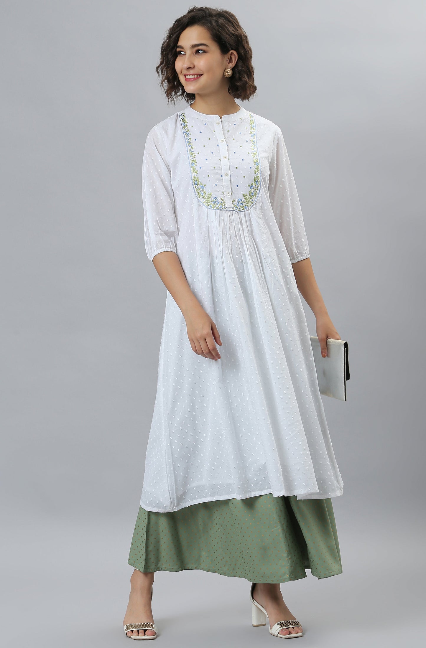 Janasya Women's White Cotton Embroidered Flared Kurta | Swadesiicart