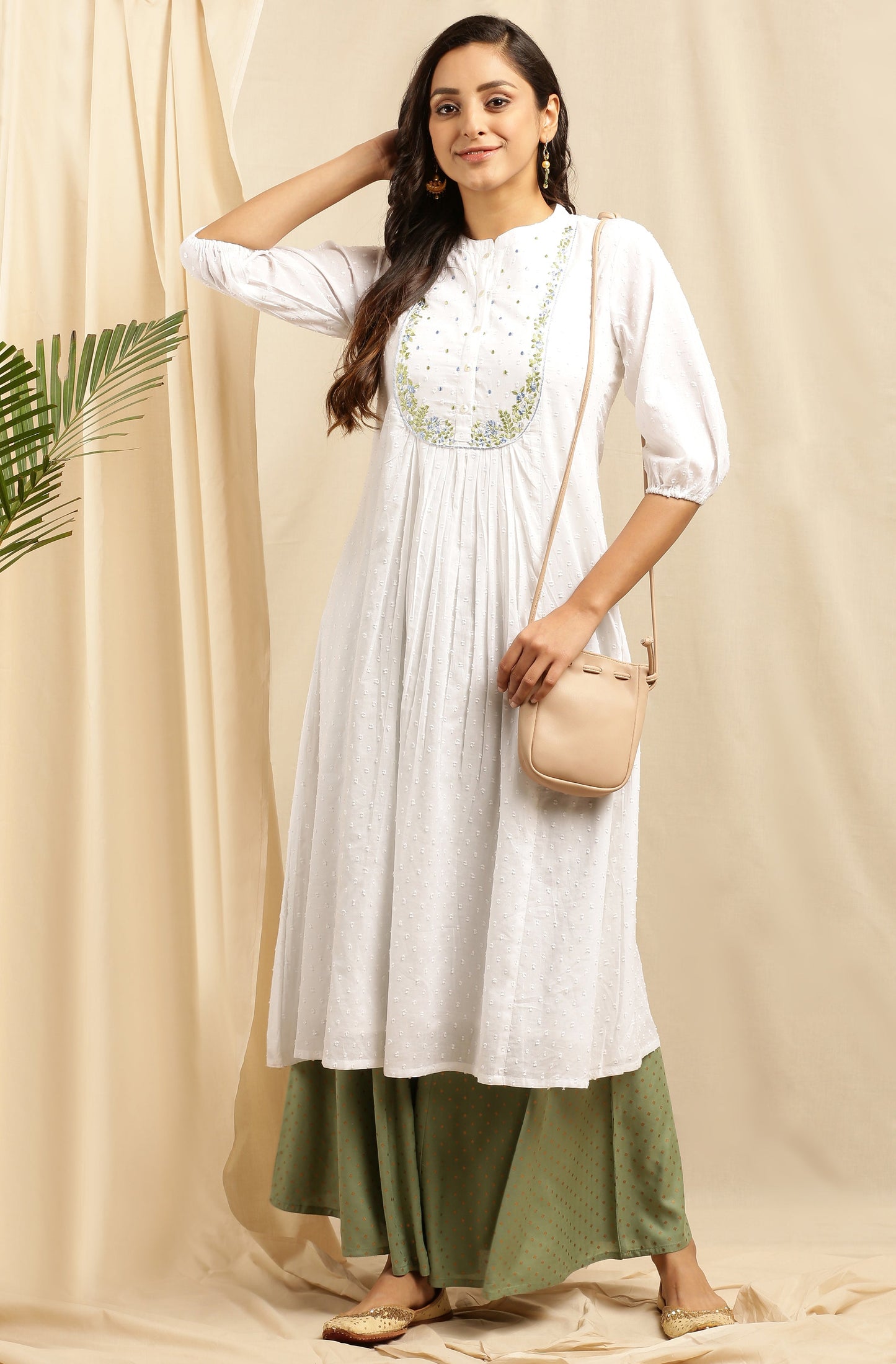 Janasya Women's White Cotton Embroidered Flared Kurta | Swadesiicart