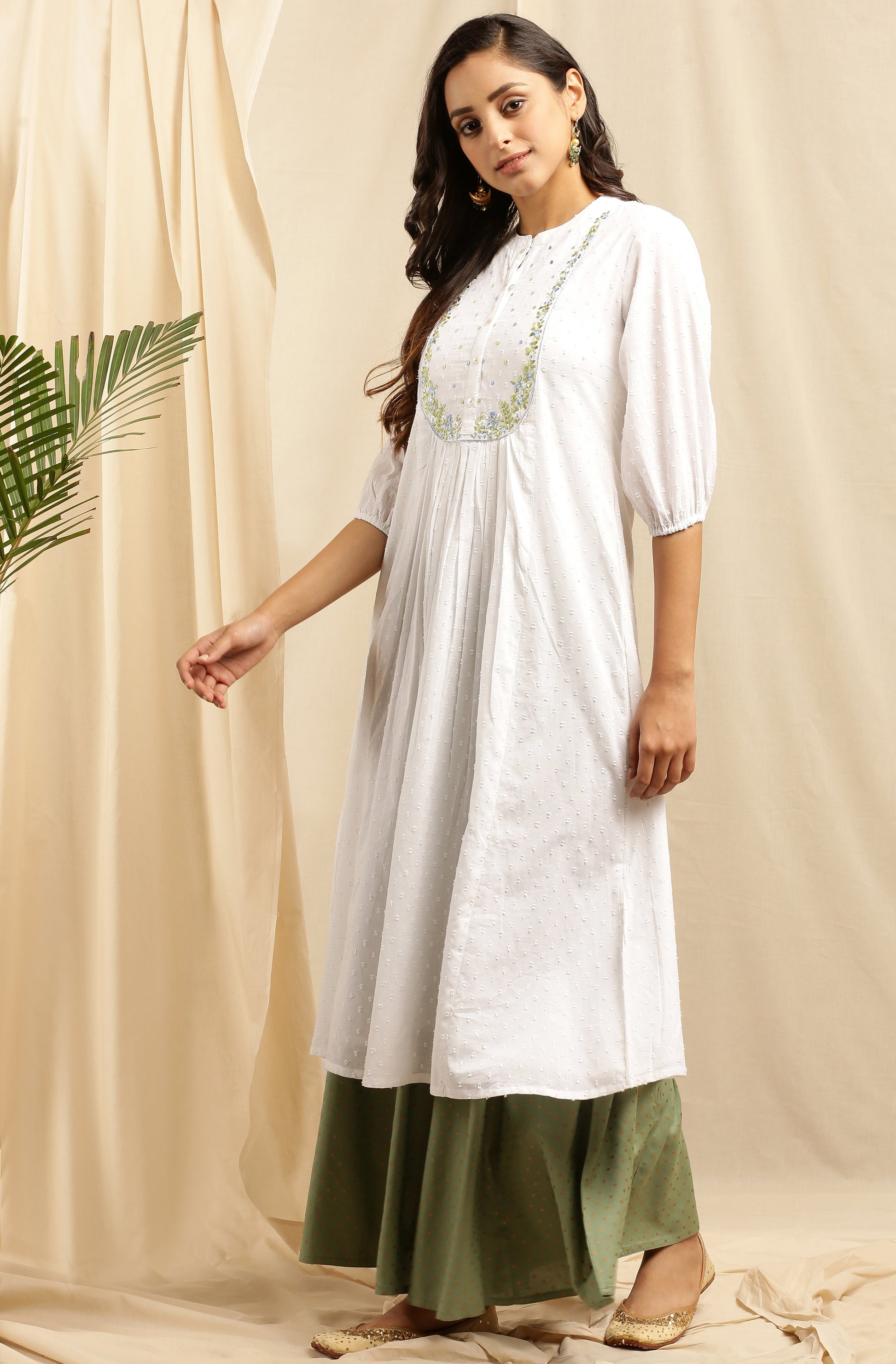 Janasya Women's White Cotton Embroidered Flared Kurta | Swadesiicart