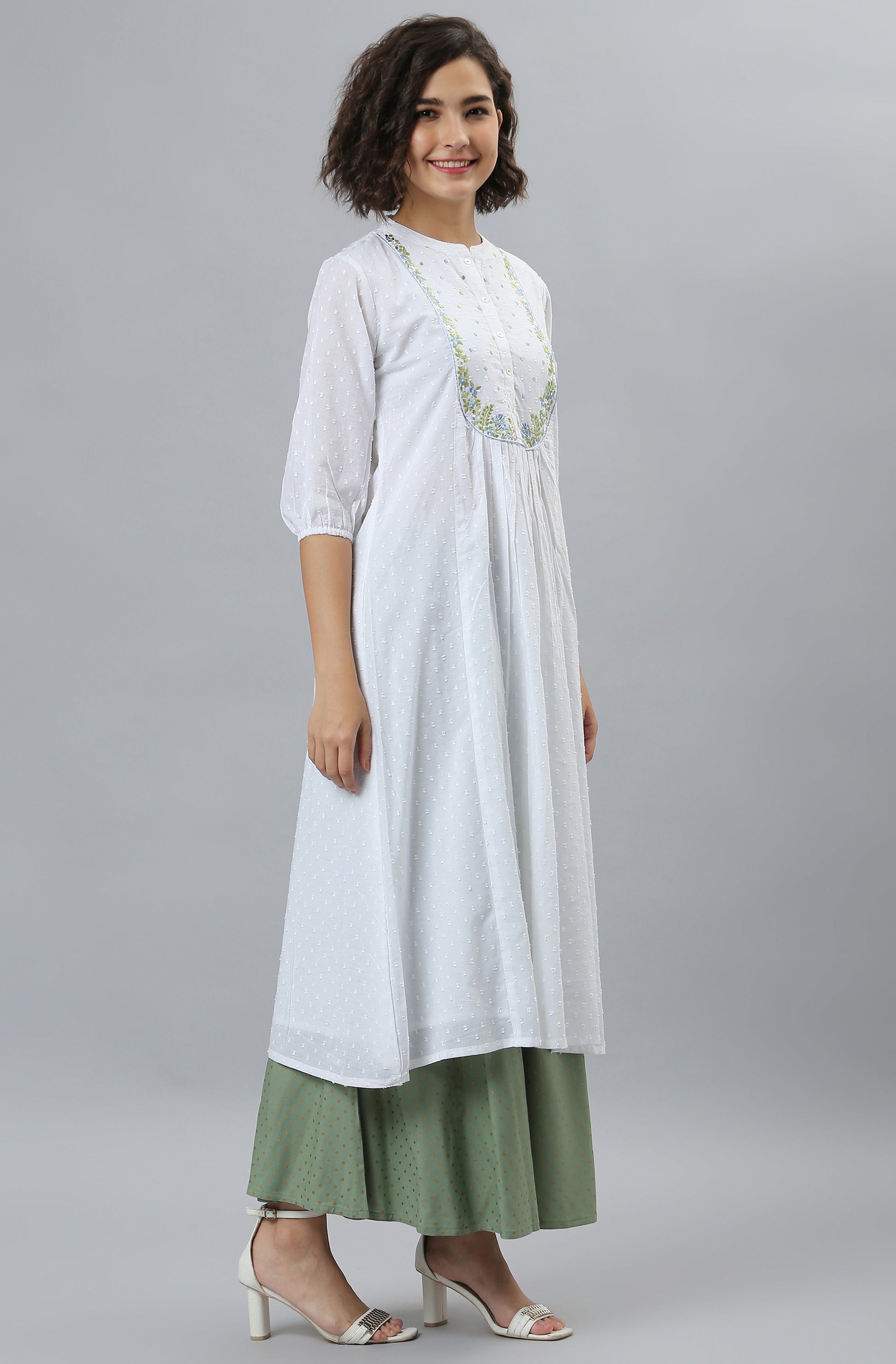 Janasya Women's White Cotton Embroidered Flared Kurta | Swadesiicart