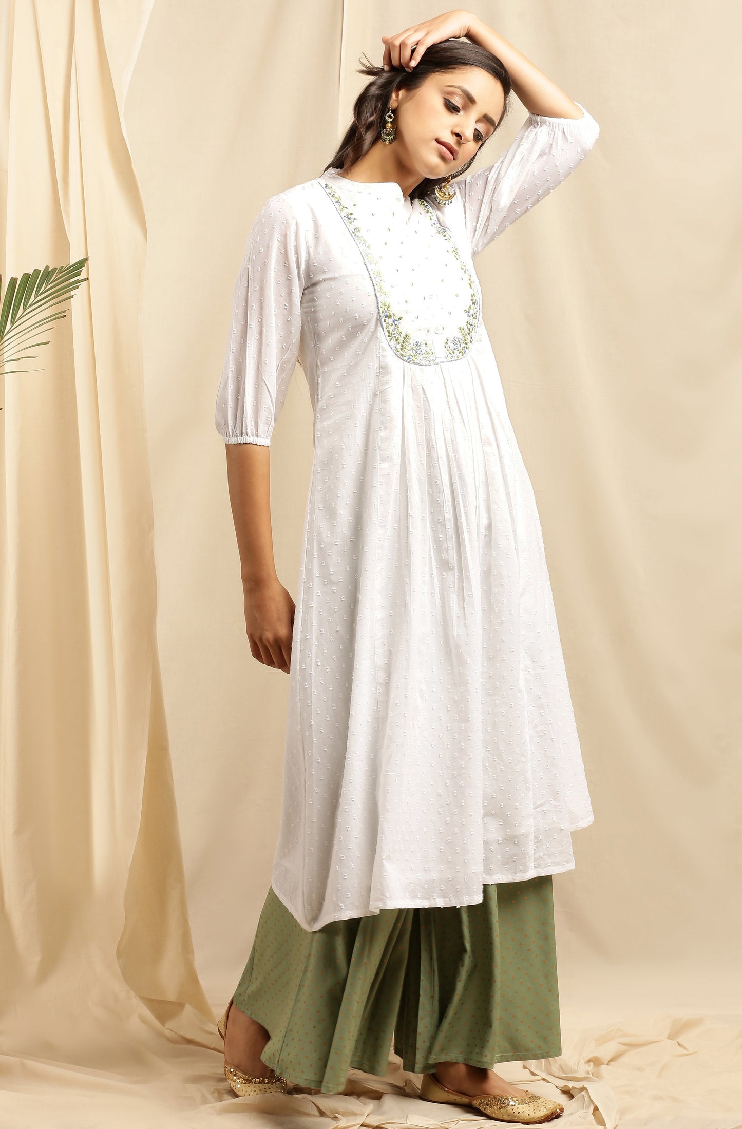 Janasya Women's White Cotton Embroidered Flared Kurta | Swadesiicart