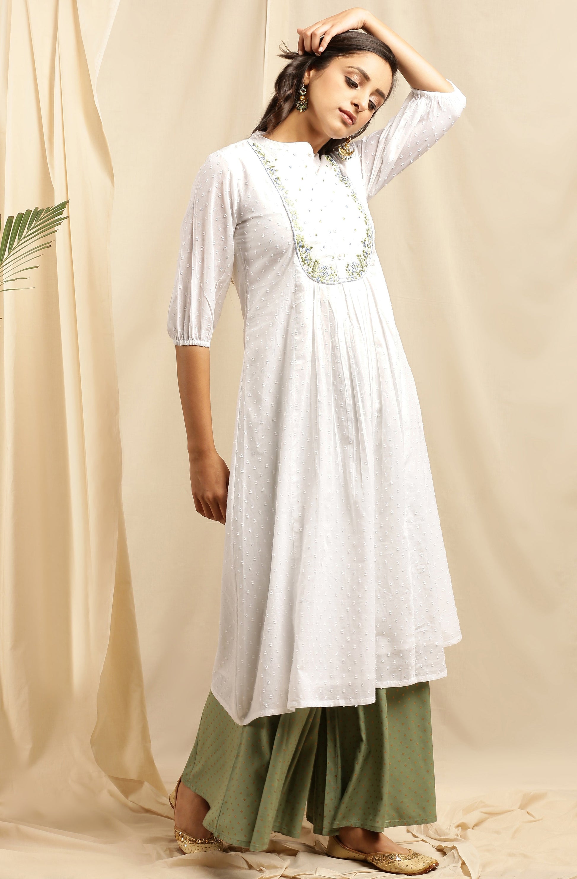 Janasya Women's White Cotton Embroidered Flared Kurta | Swadesiicart