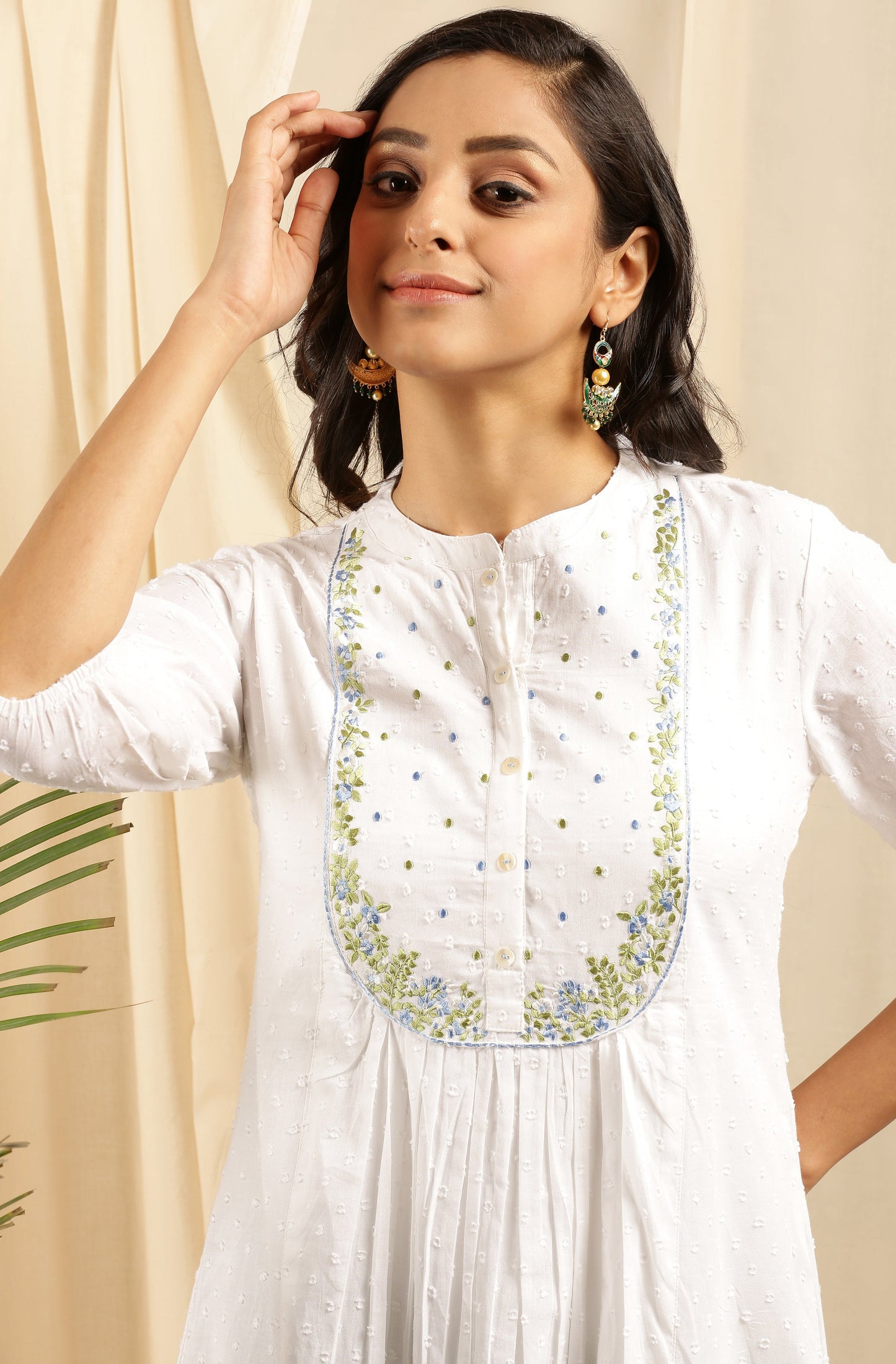 Janasya Women's White Cotton Embroidered Flared Kurta | Swadesiicart