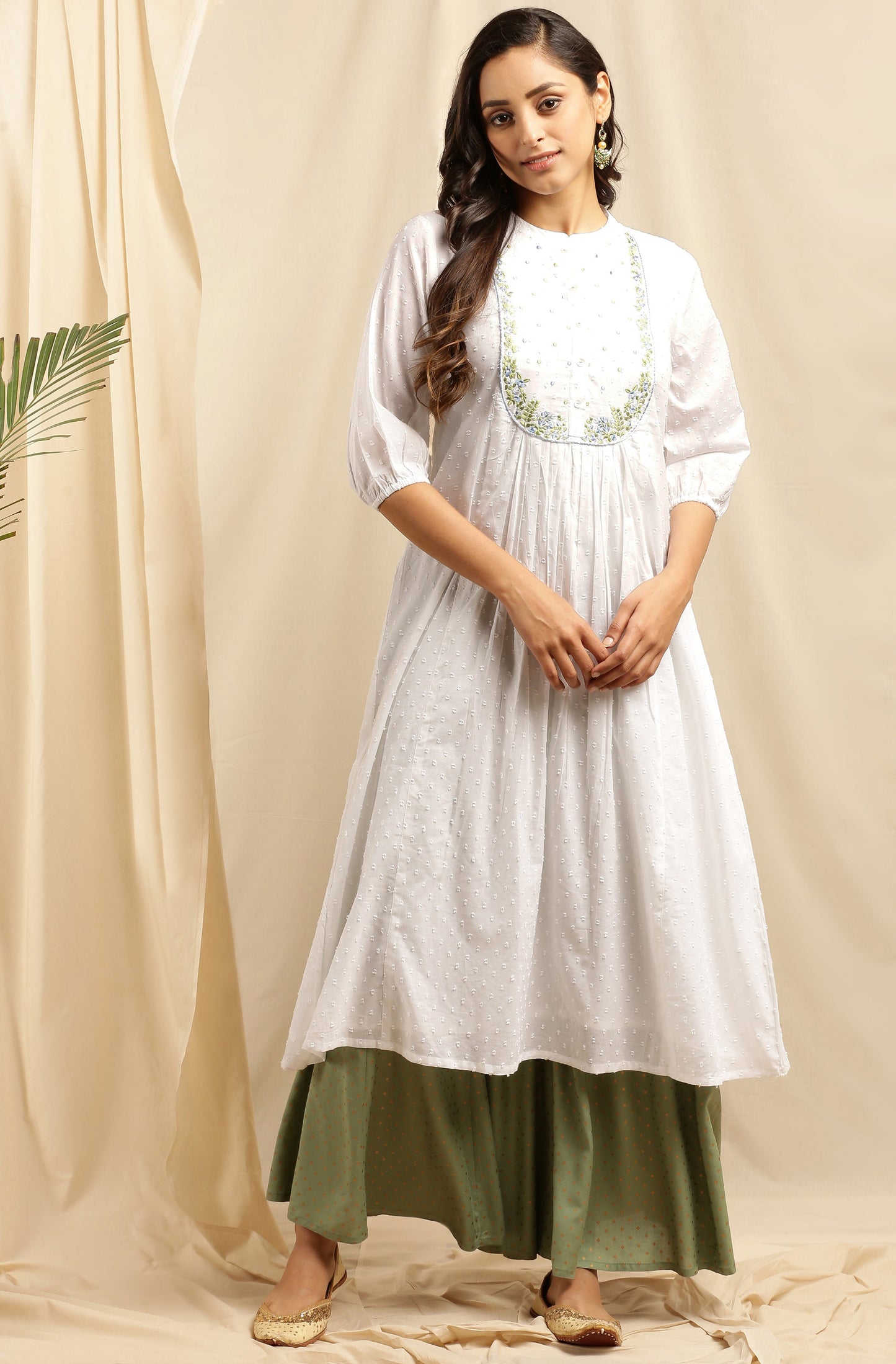 Janasya Women's White Cotton Embroidered Flared Kurta | Swadesiicart