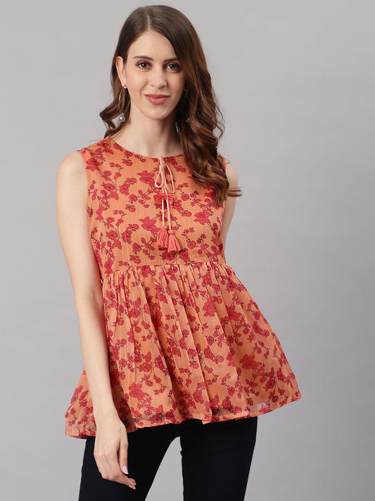 Janasya Women's Orange Poly Georgette Floral Print Regular Top | Swadesiicart