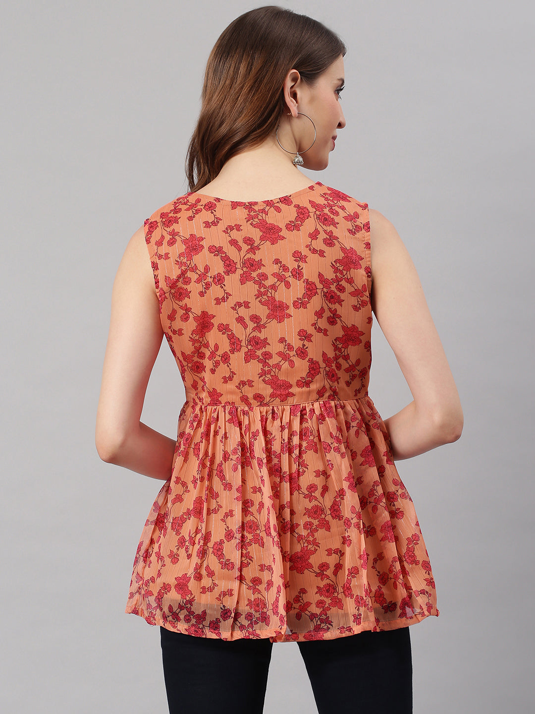 Janasya Women's Orange Poly Georgette Floral Print Regular Top | Swadesiicart