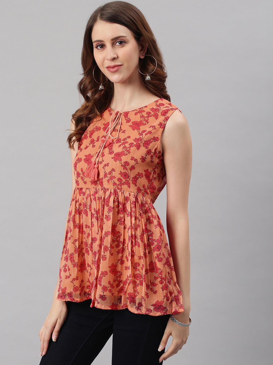 Janasya Women's Orange Poly Georgette Floral Print Regular Top | Swadesiicart
