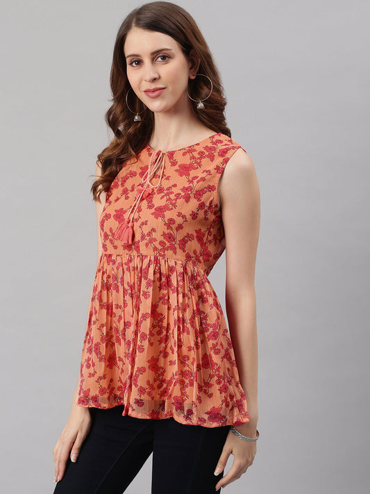 Janasya Women's Orange Poly Georgette Floral Print Regular Top | Swadesiicart