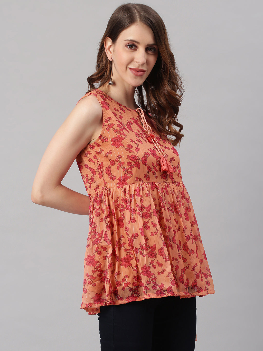 Janasya Women's Orange Poly Georgette Floral Print Regular Top | Swadesiicart