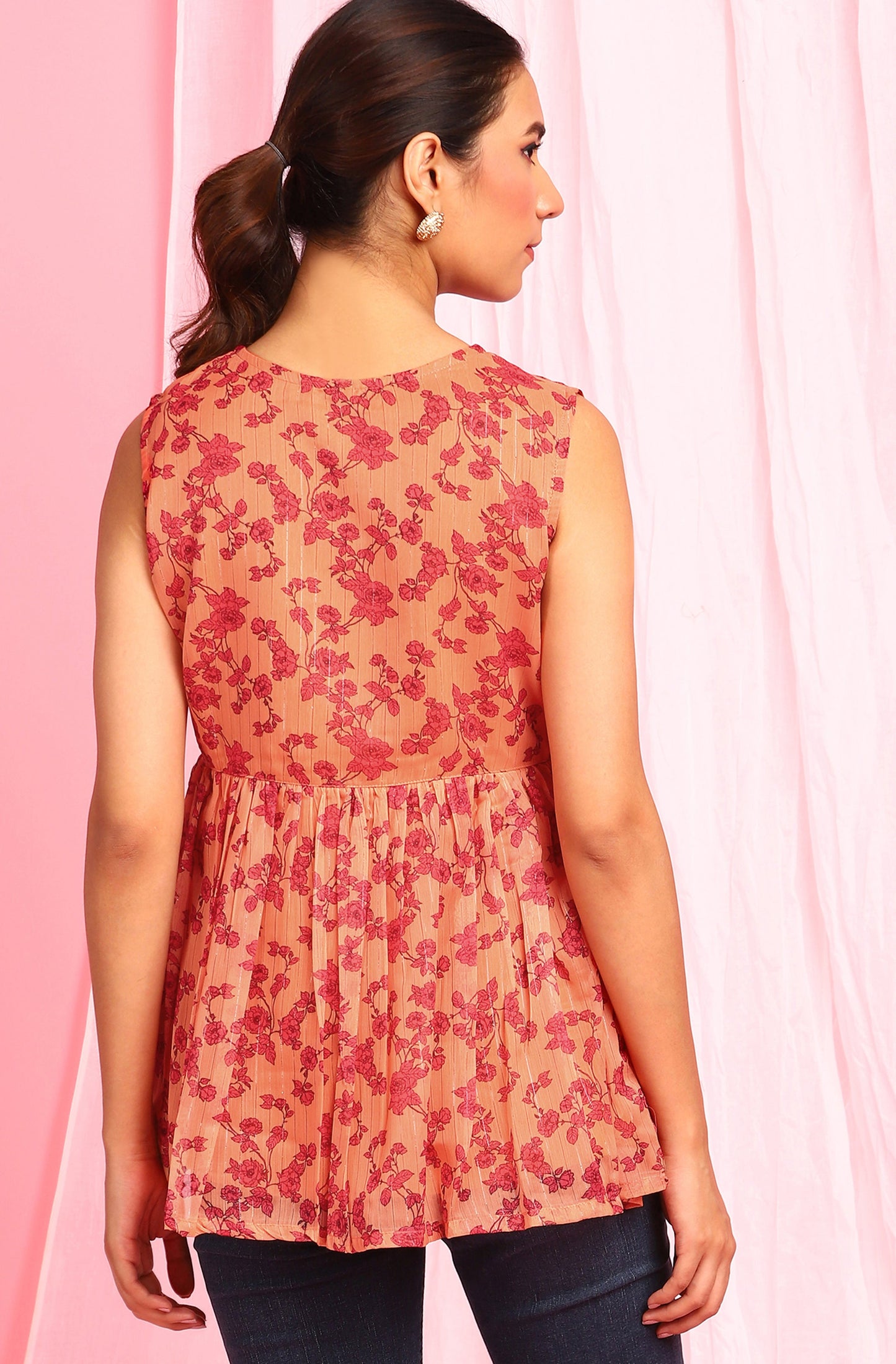 Janasya Women's Orange Poly Georgette Floral Print Regular Top | Swadesiicart