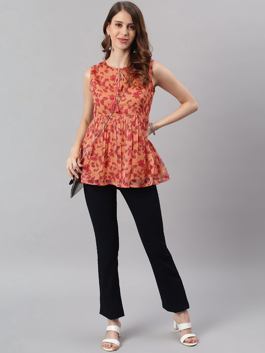 Janasya Women's Orange Poly Georgette Floral Print Regular Top | Swadesiicart