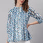 Janasya Women's Blue Poly Georgette Floral Print Pleated Top | Swadesiicart