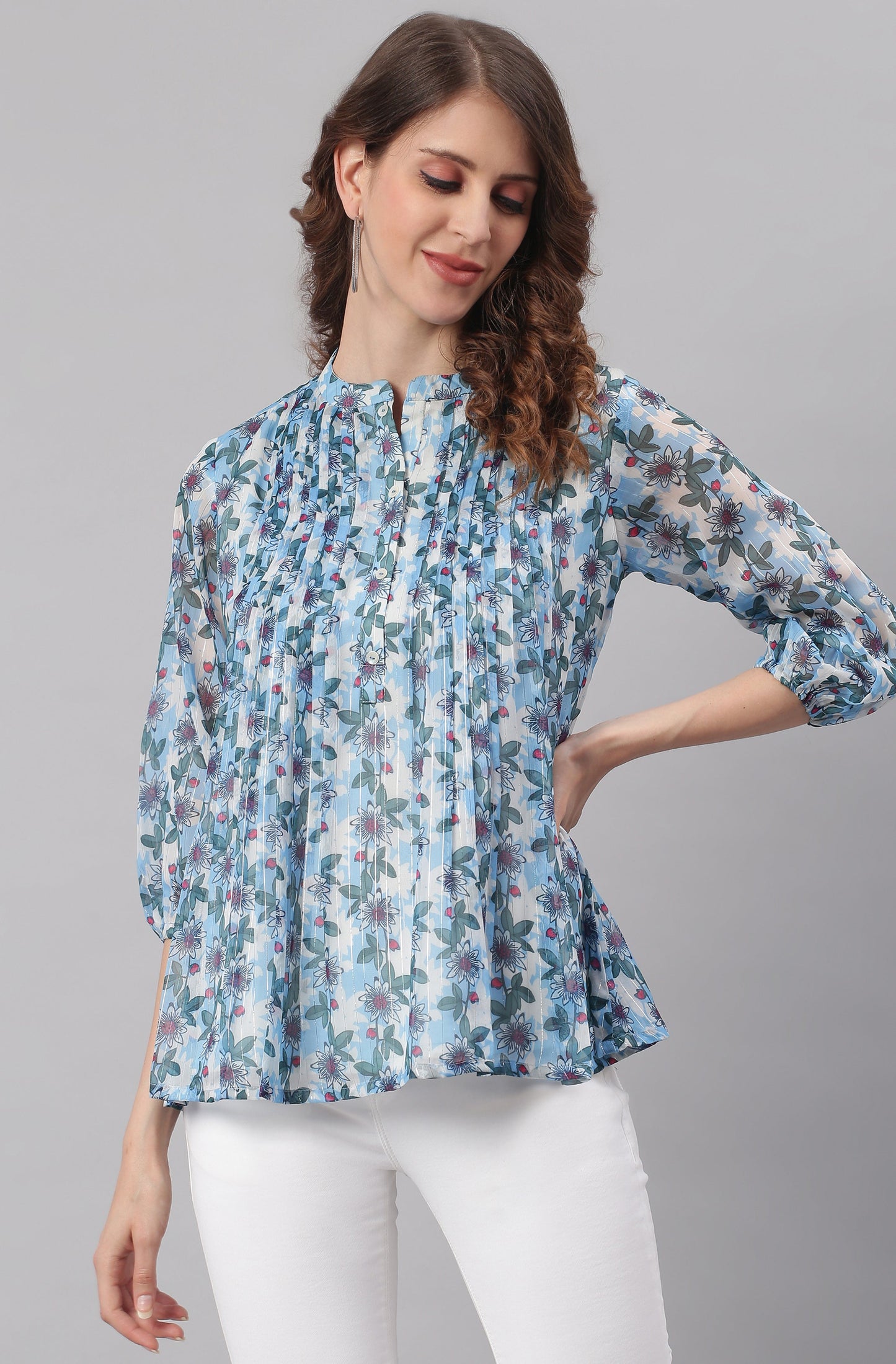 Janasya Women's Blue Poly Georgette Floral Print Pleated Top | Swadesiicart