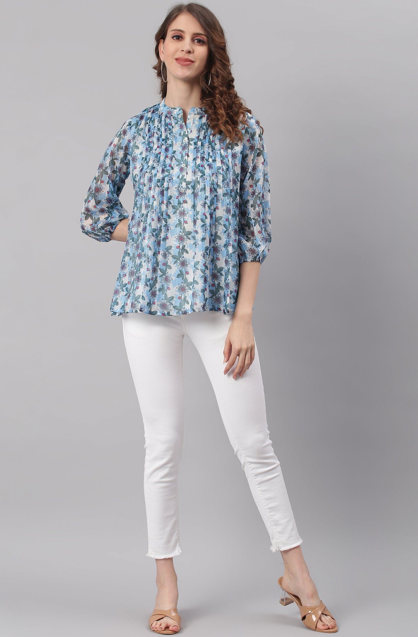 Janasya Women's Blue Poly Georgette Floral Print Pleated Top | Swadesiicart