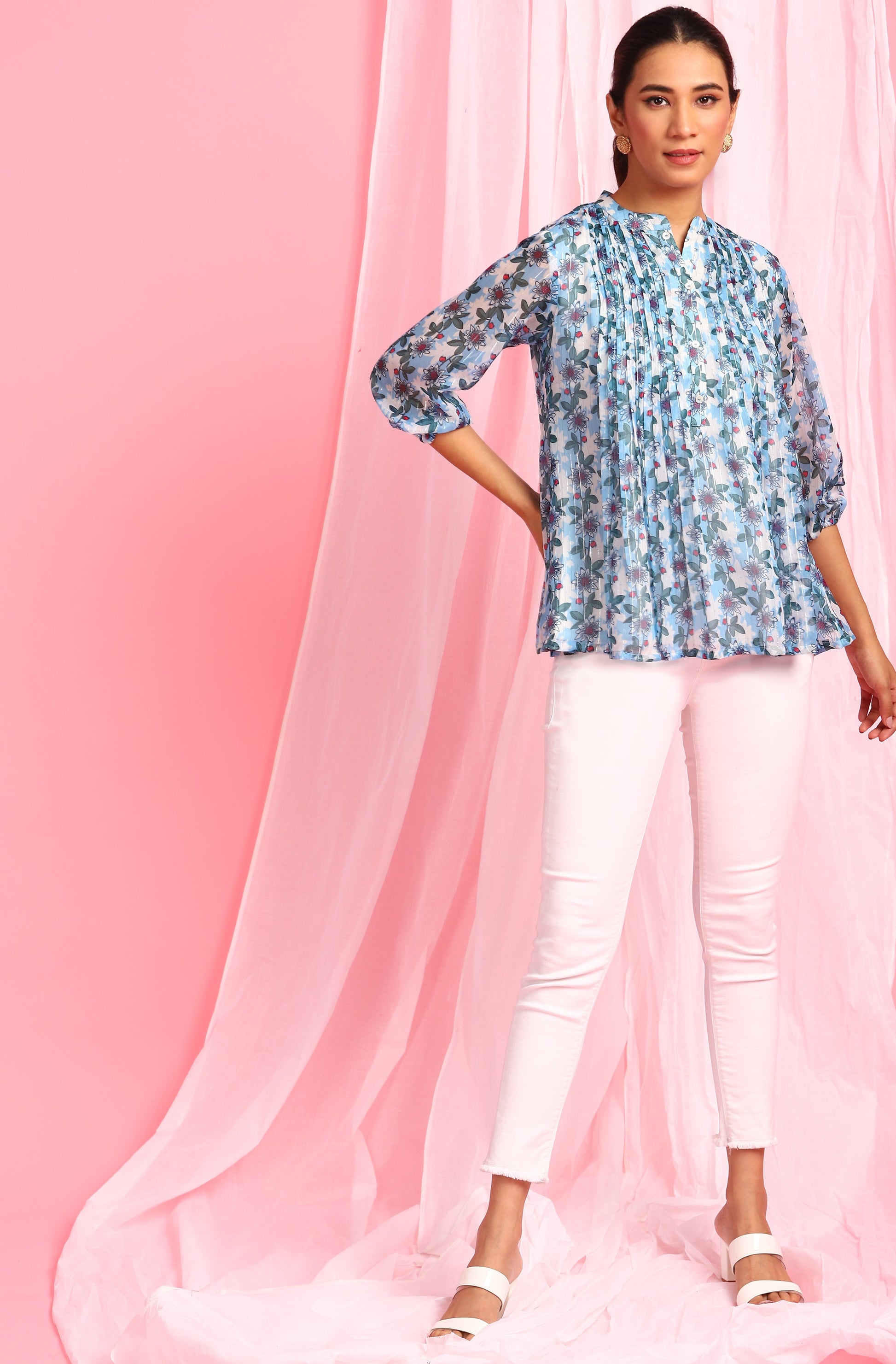 Janasya Women's Blue Poly Georgette Floral Print Pleated Top | Swadesiicart