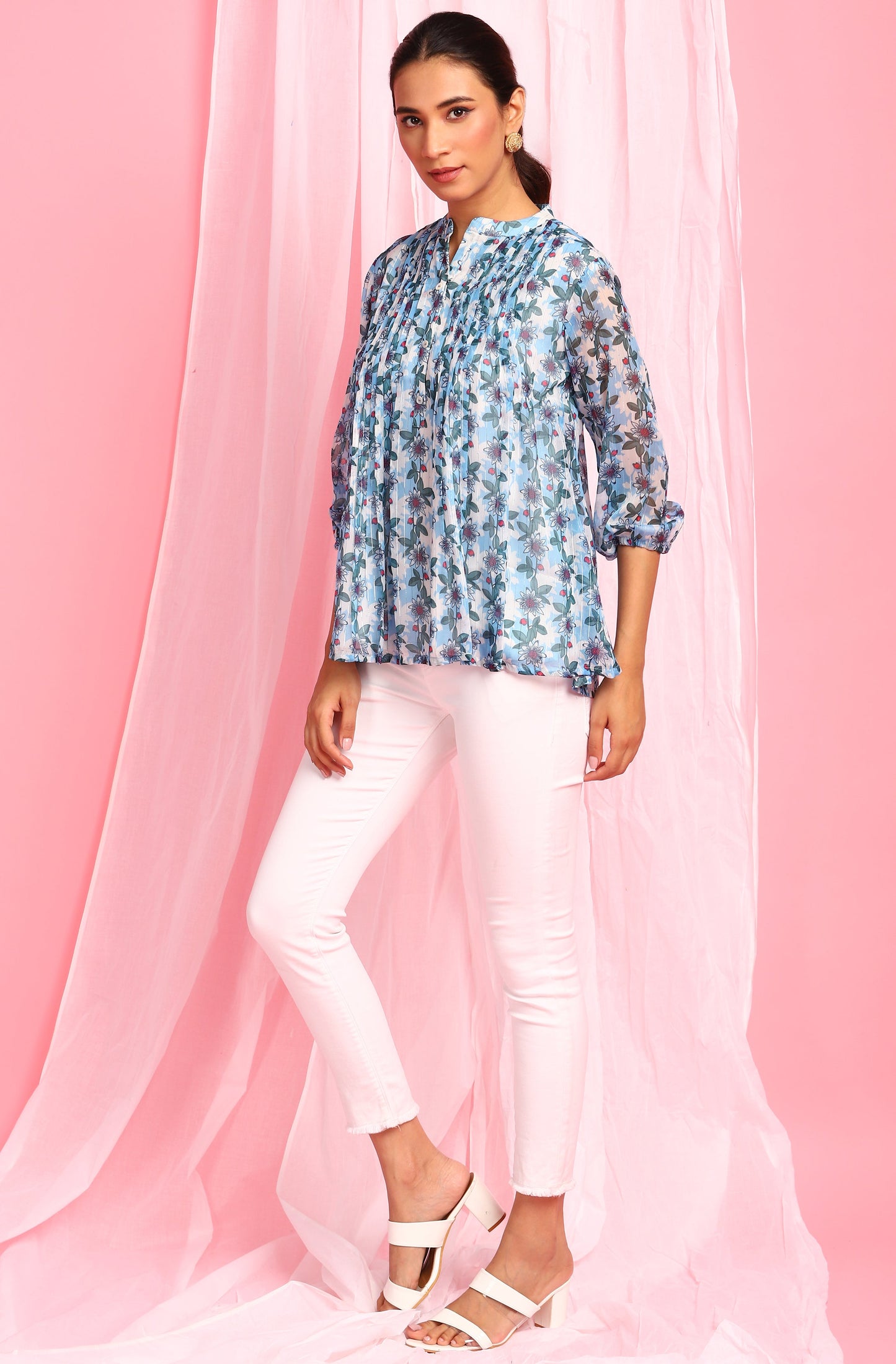 Janasya Women's Blue Poly Georgette Floral Print Pleated Top | Swadesiicart