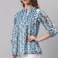 Janasya Women's Blue Poly Georgette Floral Print Pleated Top | Swadesiicart