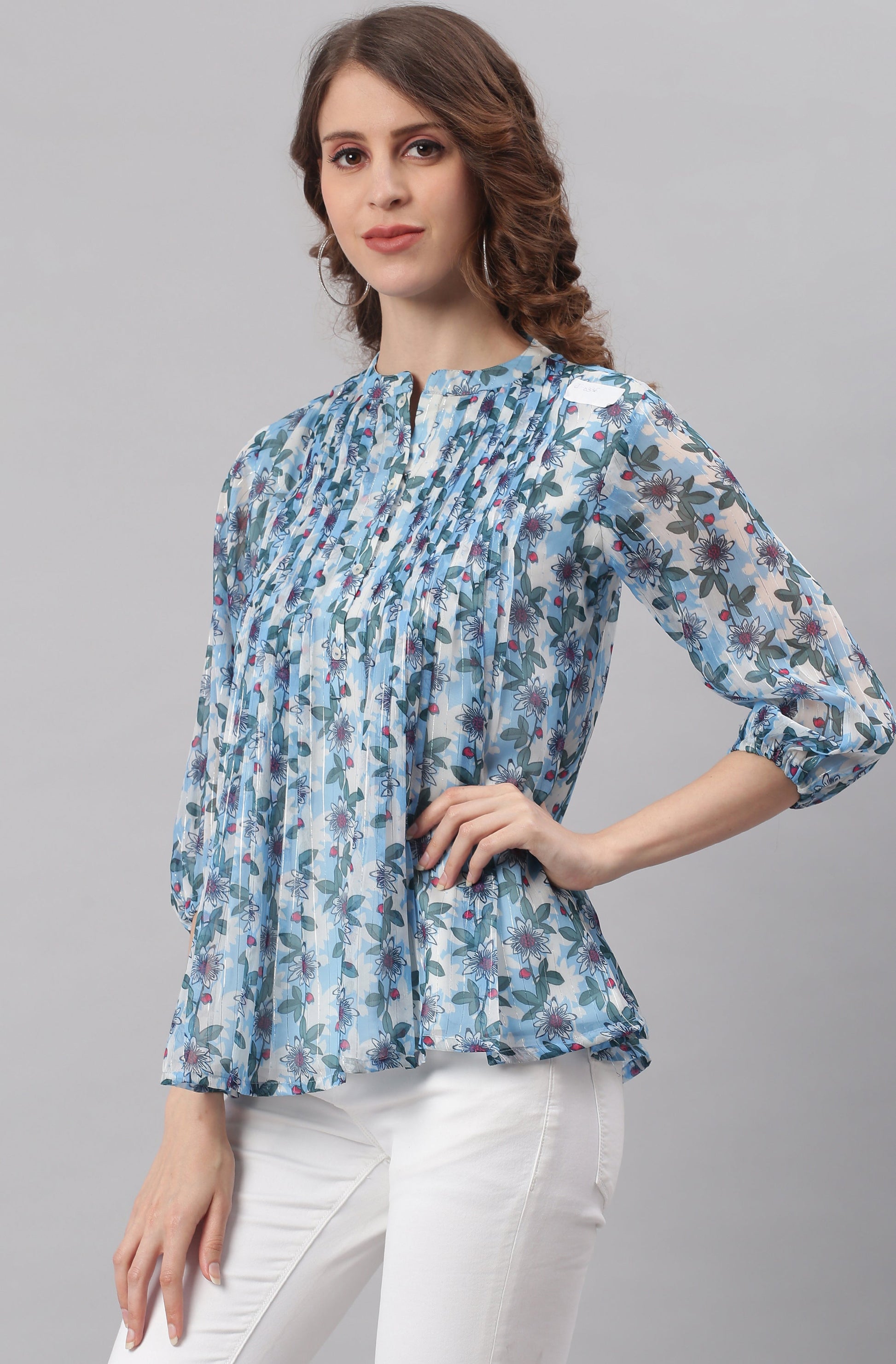 Janasya Women's Blue Poly Georgette Floral Print Pleated Top | Swadesiicart
