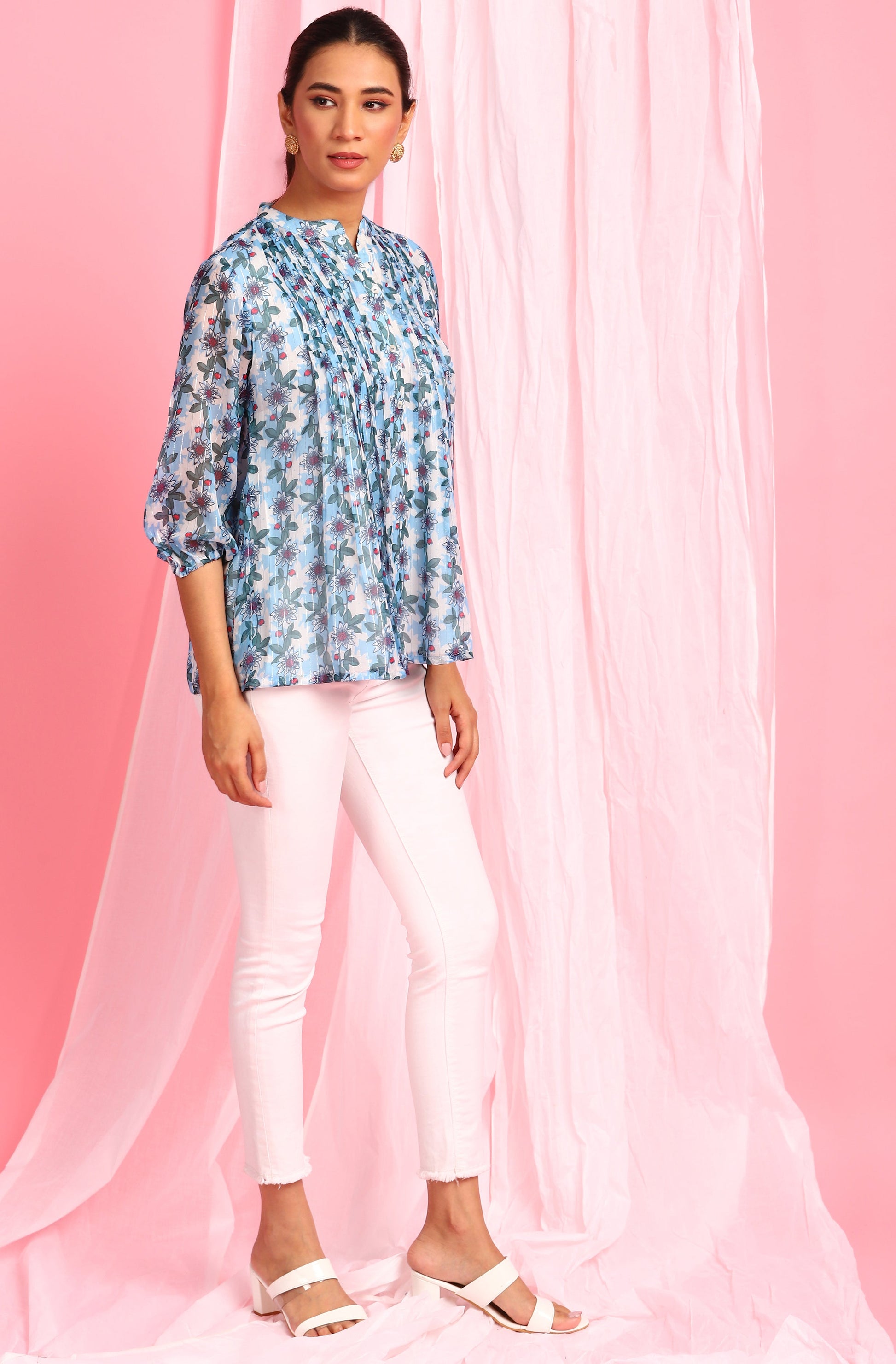 Janasya Women's Blue Poly Georgette Floral Print Pleated Top | Swadesiicart