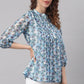 Janasya Women's Blue Poly Georgette Floral Print Pleated Top | Swadesiicart