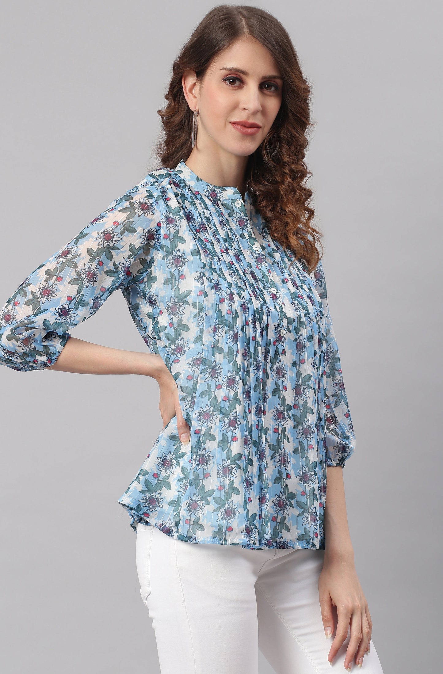 Janasya Women's Blue Poly Georgette Floral Print Pleated Top | Swadesiicart