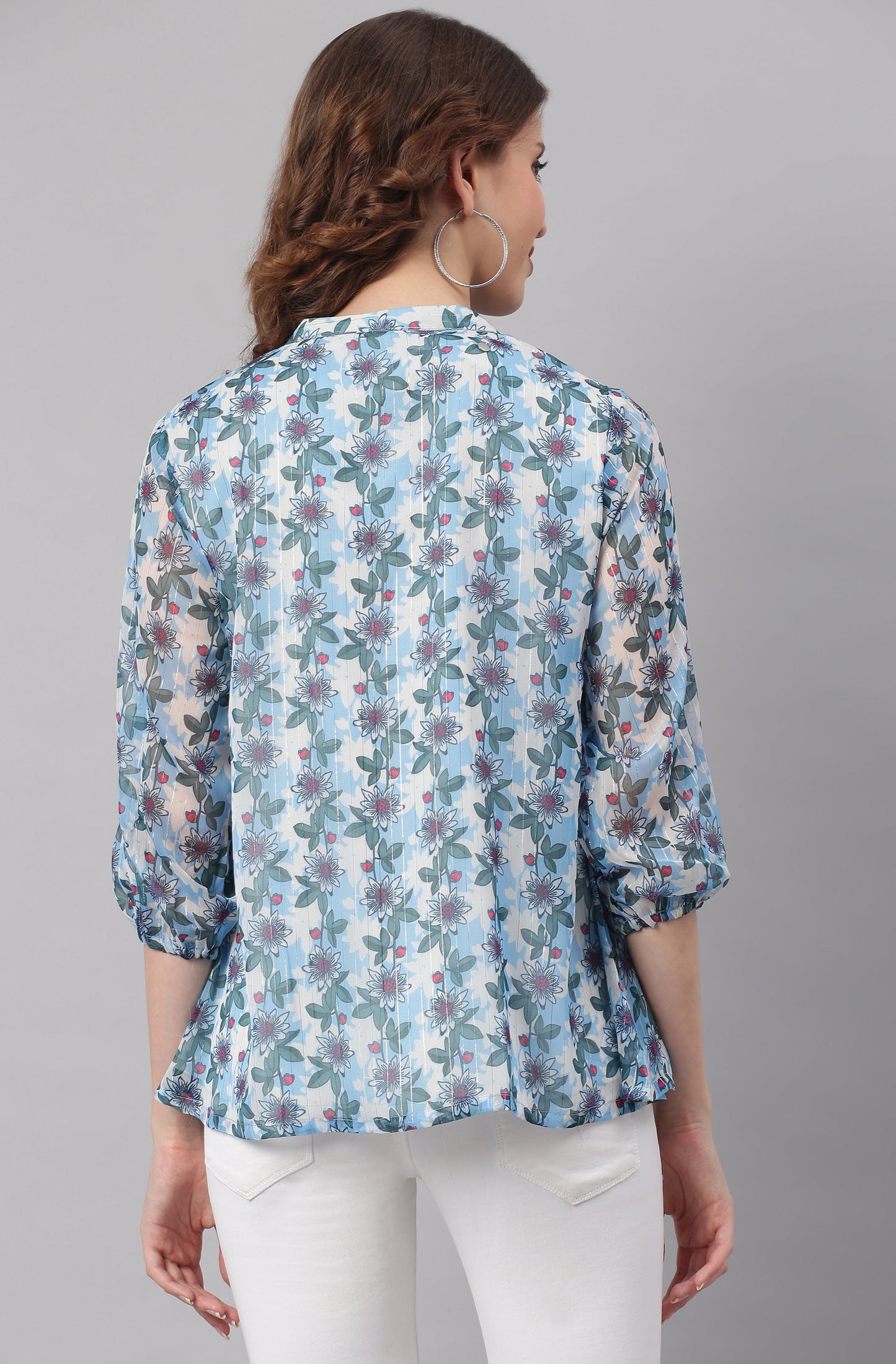 Janasya Women's Blue Poly Georgette Floral Print Pleated Top | Swadesiicart