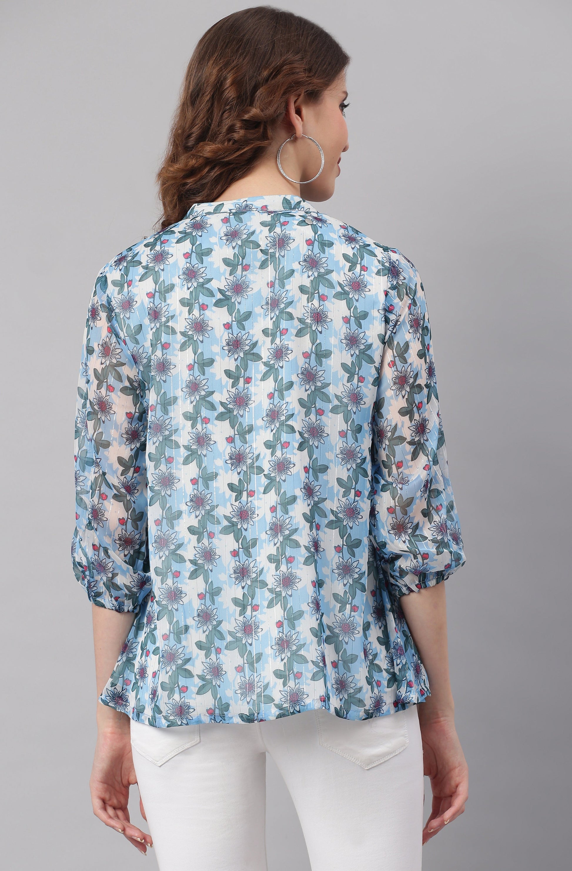 Janasya Women's Blue Poly Georgette Floral Print Pleated Top | Swadesiicart