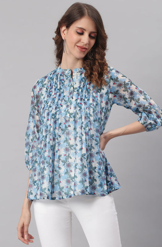 Janasya Women's Blue Poly Georgette Floral Print Pleated Top | Swadesiicart