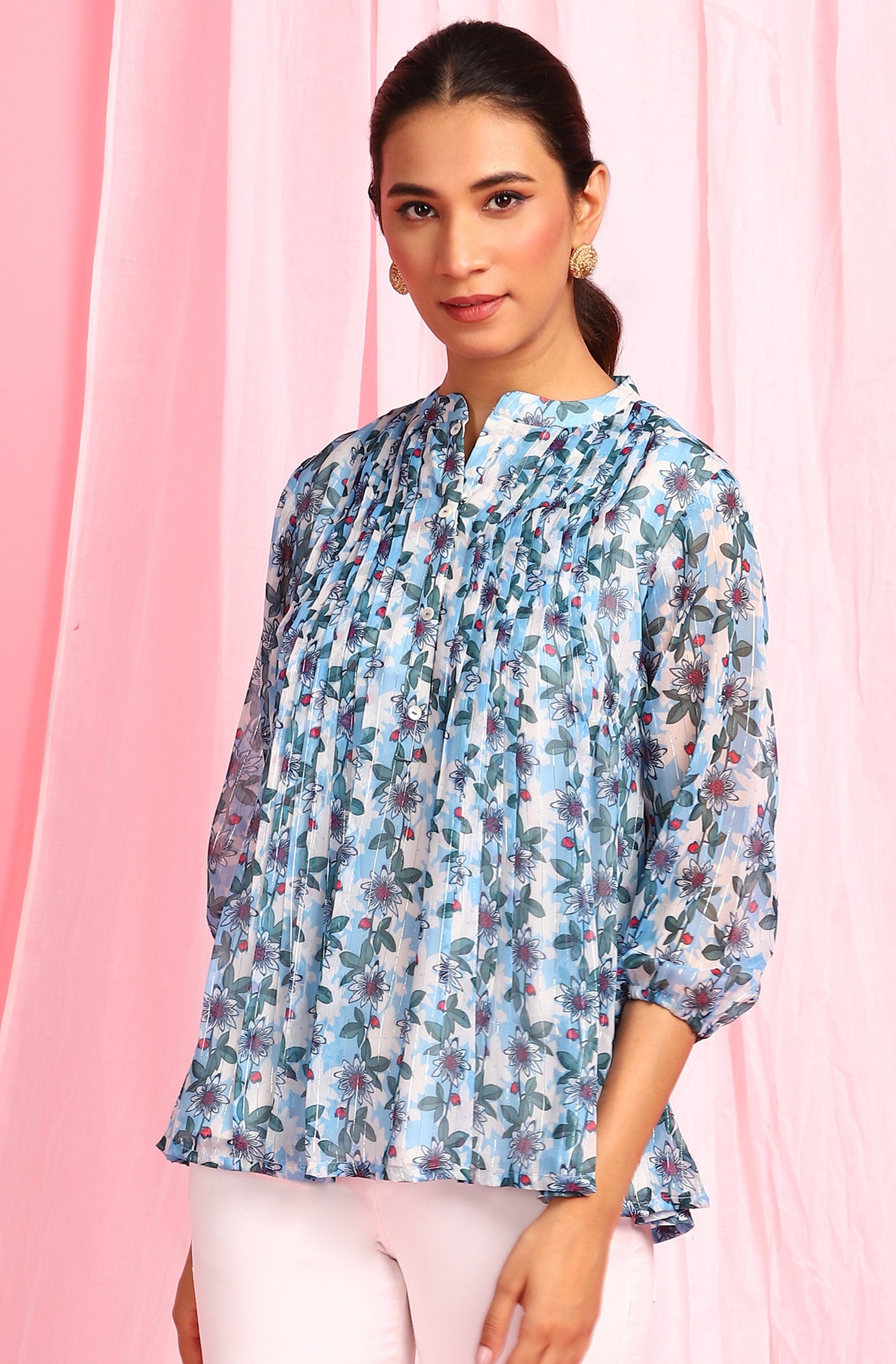 Janasya Women's Blue Poly Georgette Floral Print Pleated Top | Swadesiicart