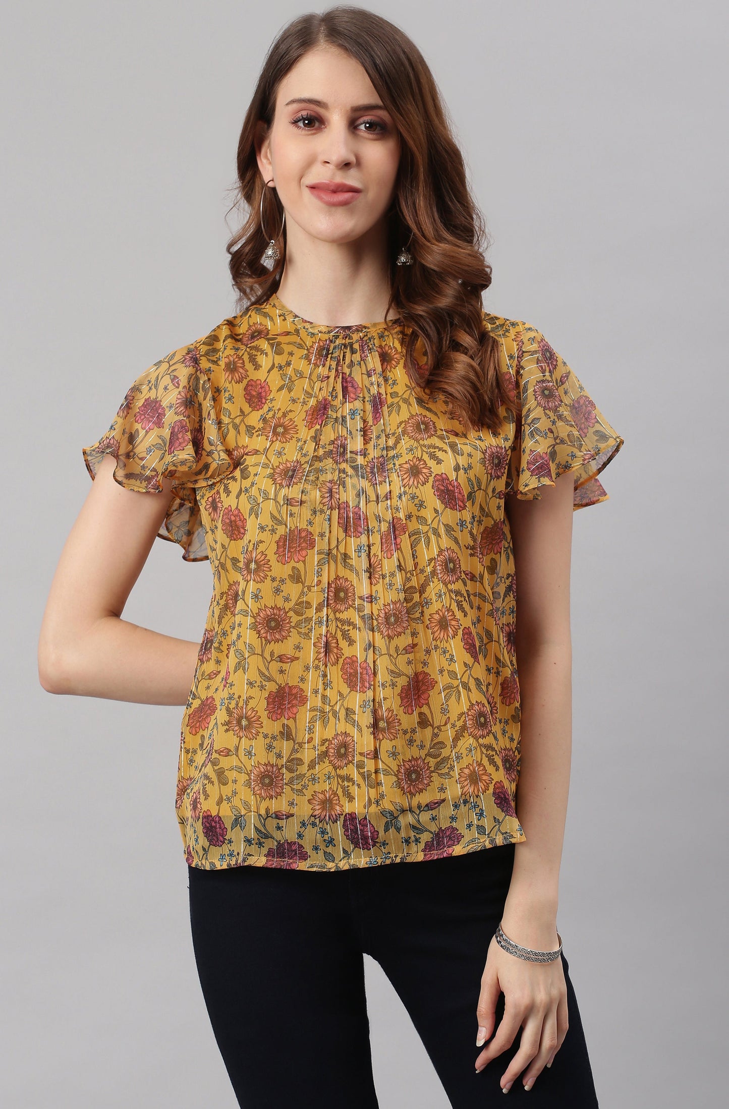 Janasya Women's Mustard Poly Georgette Floral Print Regular Top | Swadesiicart