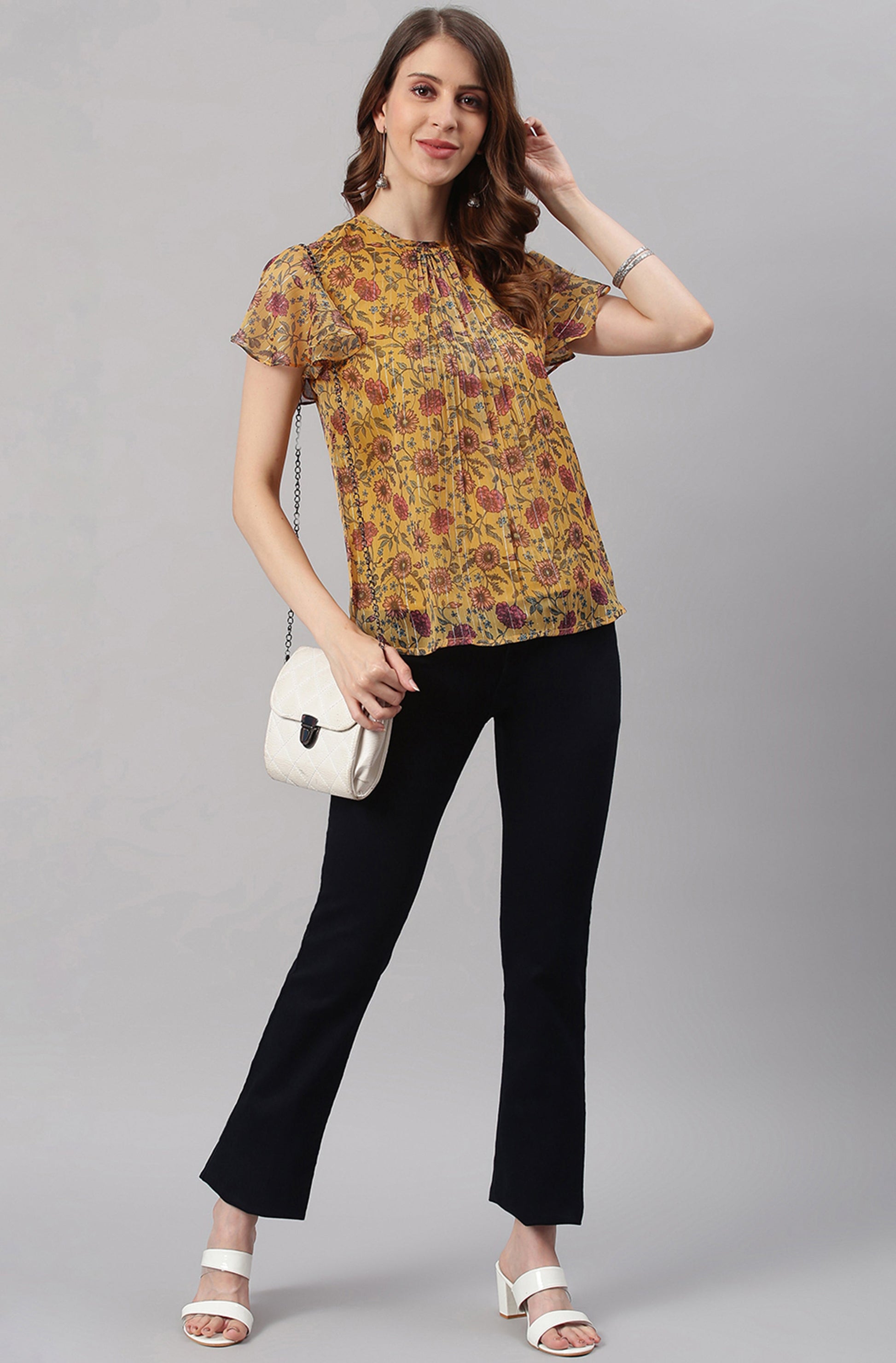Janasya Women's Mustard Poly Georgette Floral Print Regular Top | Swadesiicart