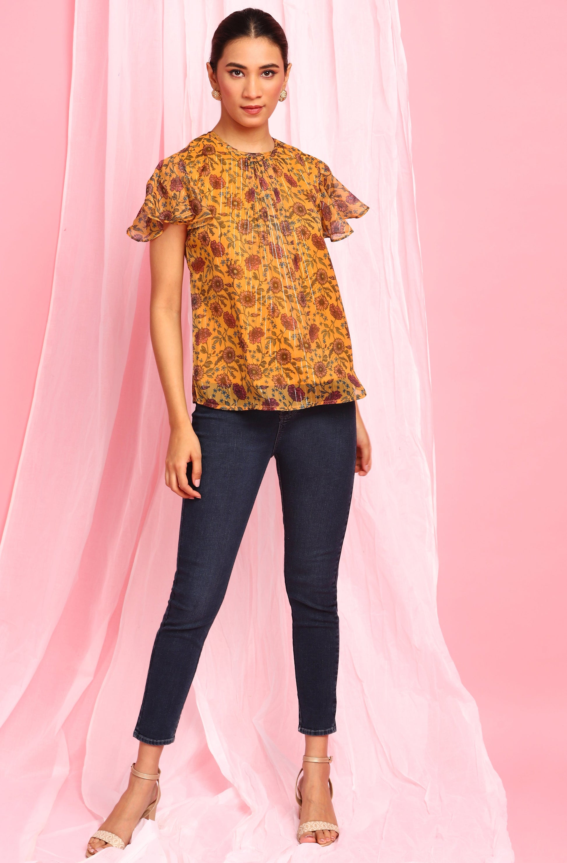 Janasya Women's Mustard Poly Georgette Floral Print Regular Top | Swadesiicart