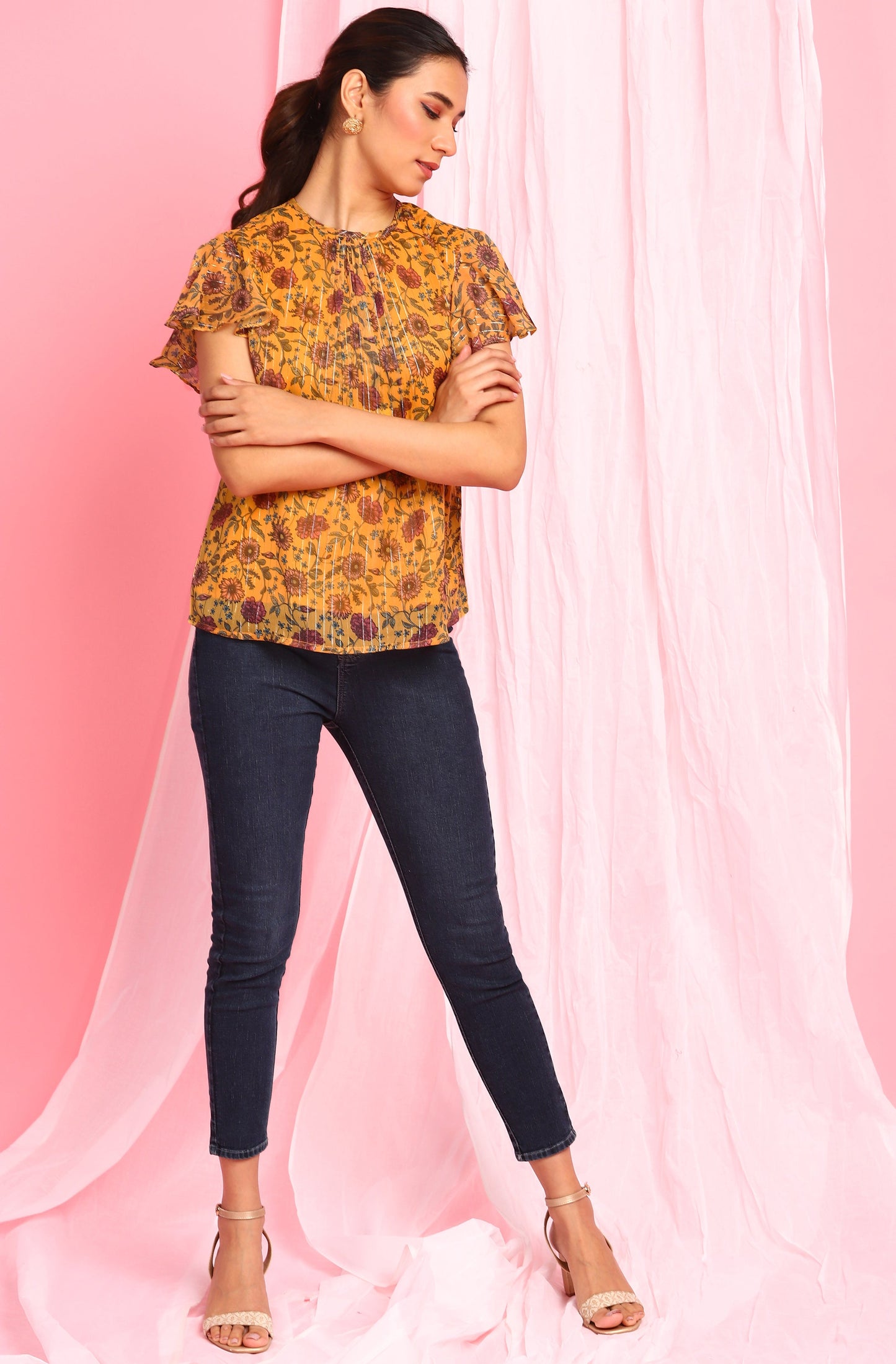 Janasya Women's Mustard Poly Georgette Floral Print Regular Top | Swadesiicart