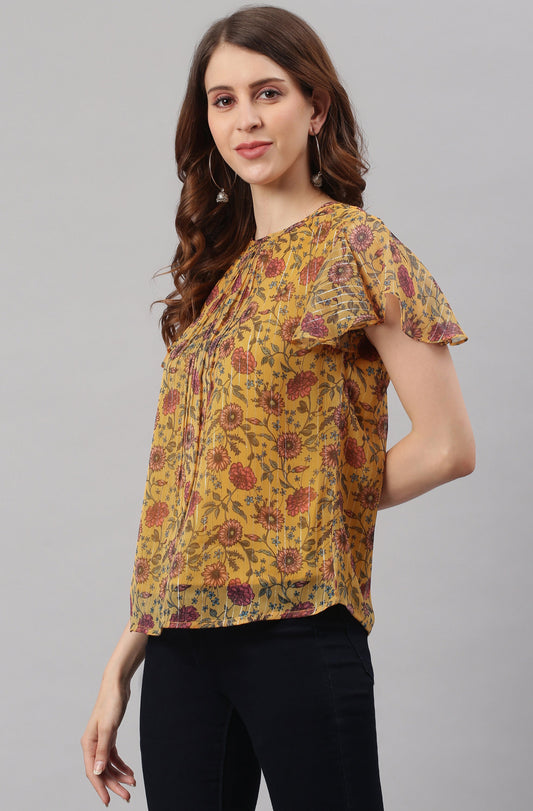 Janasya Women's Mustard Poly Georgette Floral Print Regular Top | Swadesiicart