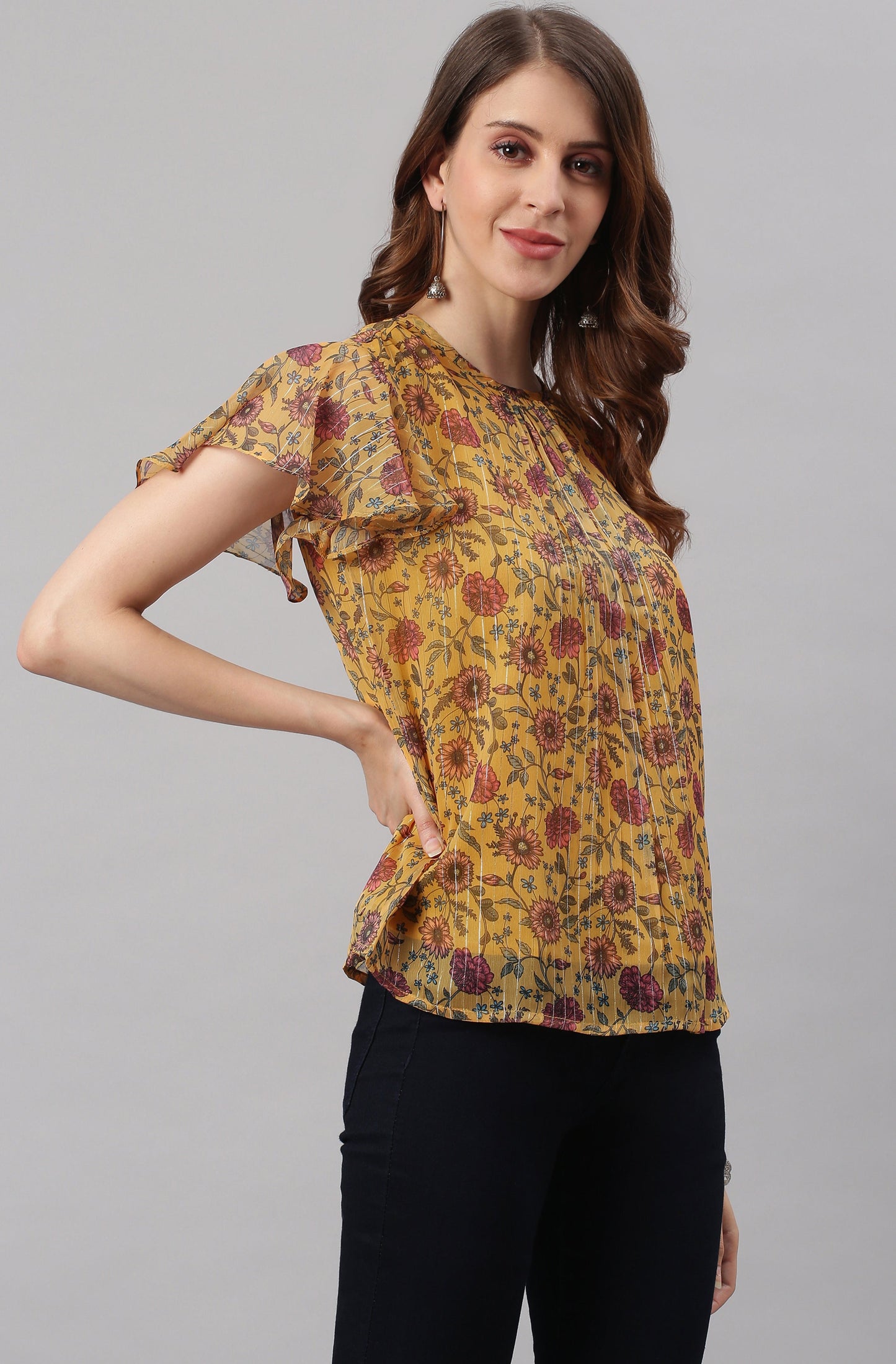 Janasya Women's Mustard Poly Georgette Floral Print Regular Top | Swadesiicart