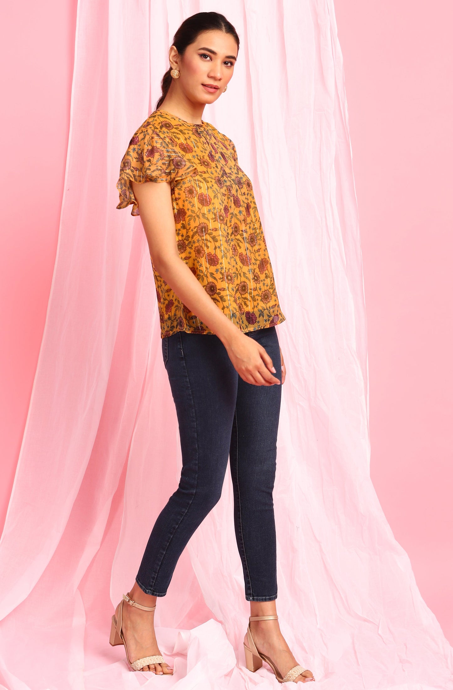 Janasya Women's Mustard Poly Georgette Floral Print Regular Top | Swadesiicart