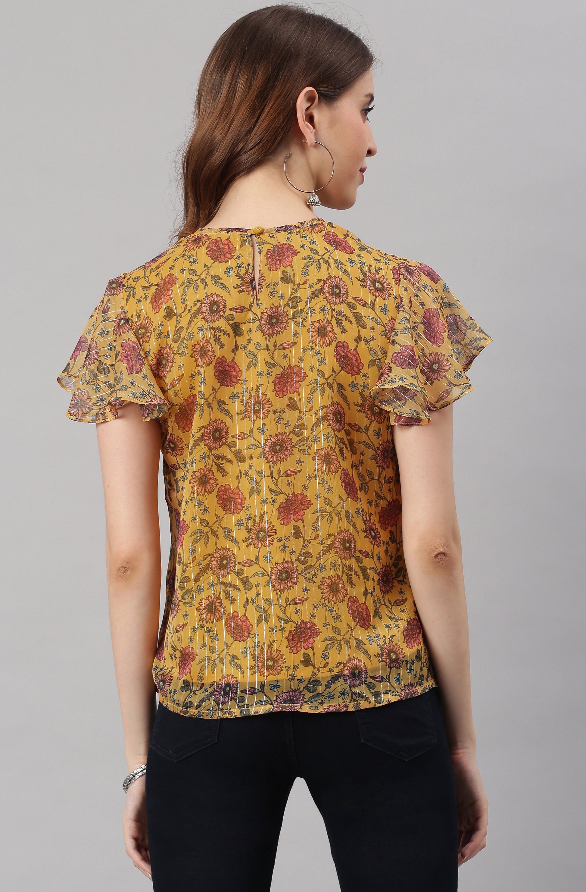 Janasya Women's Mustard Poly Georgette Floral Print Regular Top | Swadesiicart