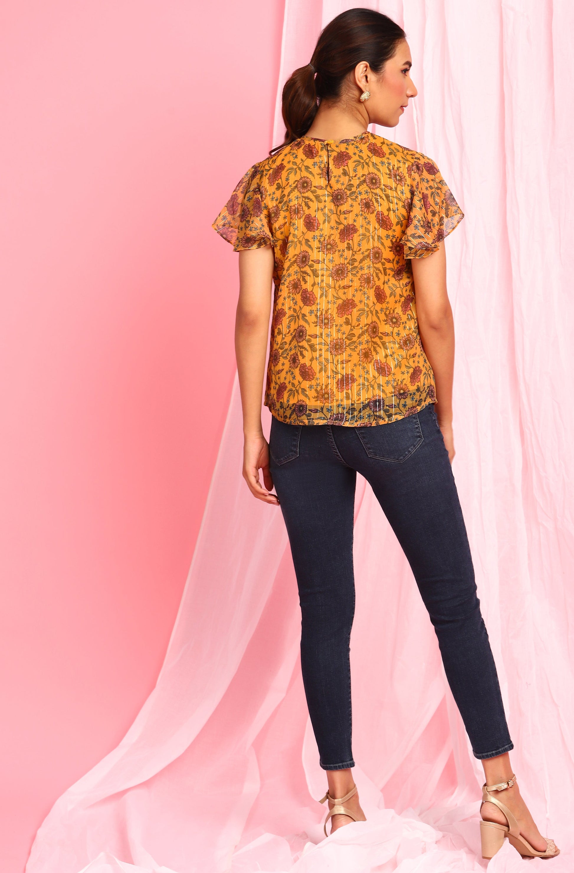 Janasya Women's Mustard Poly Georgette Floral Print Regular Top | Swadesiicart