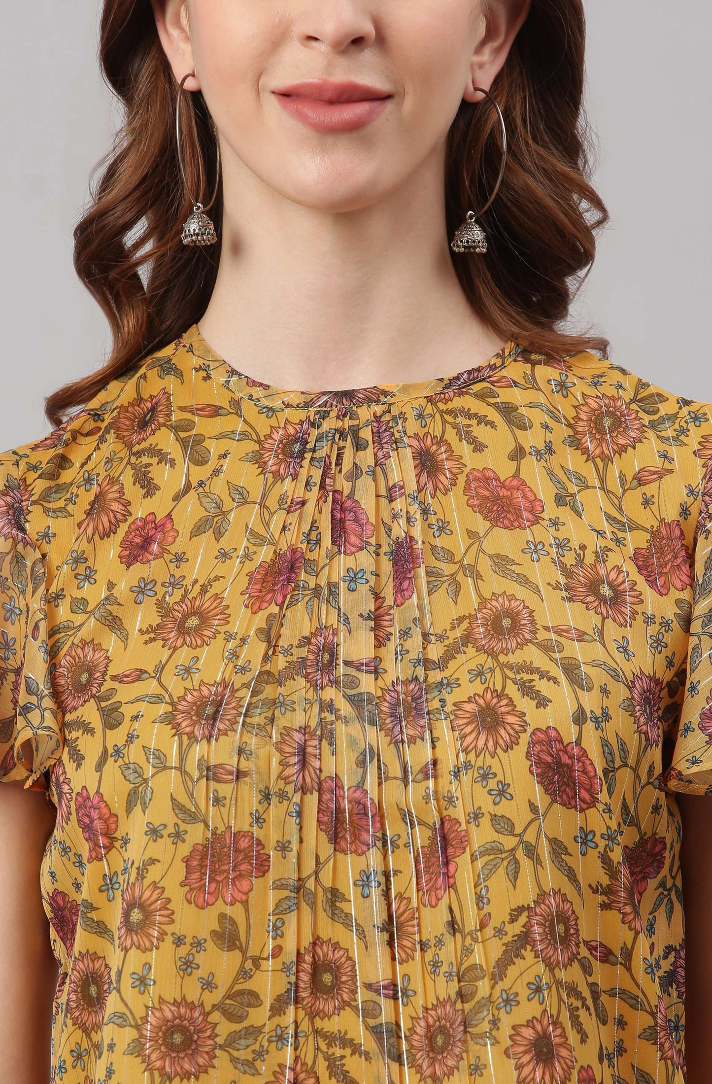 Janasya Women's Mustard Poly Georgette Floral Print Regular Top | Swadesiicart