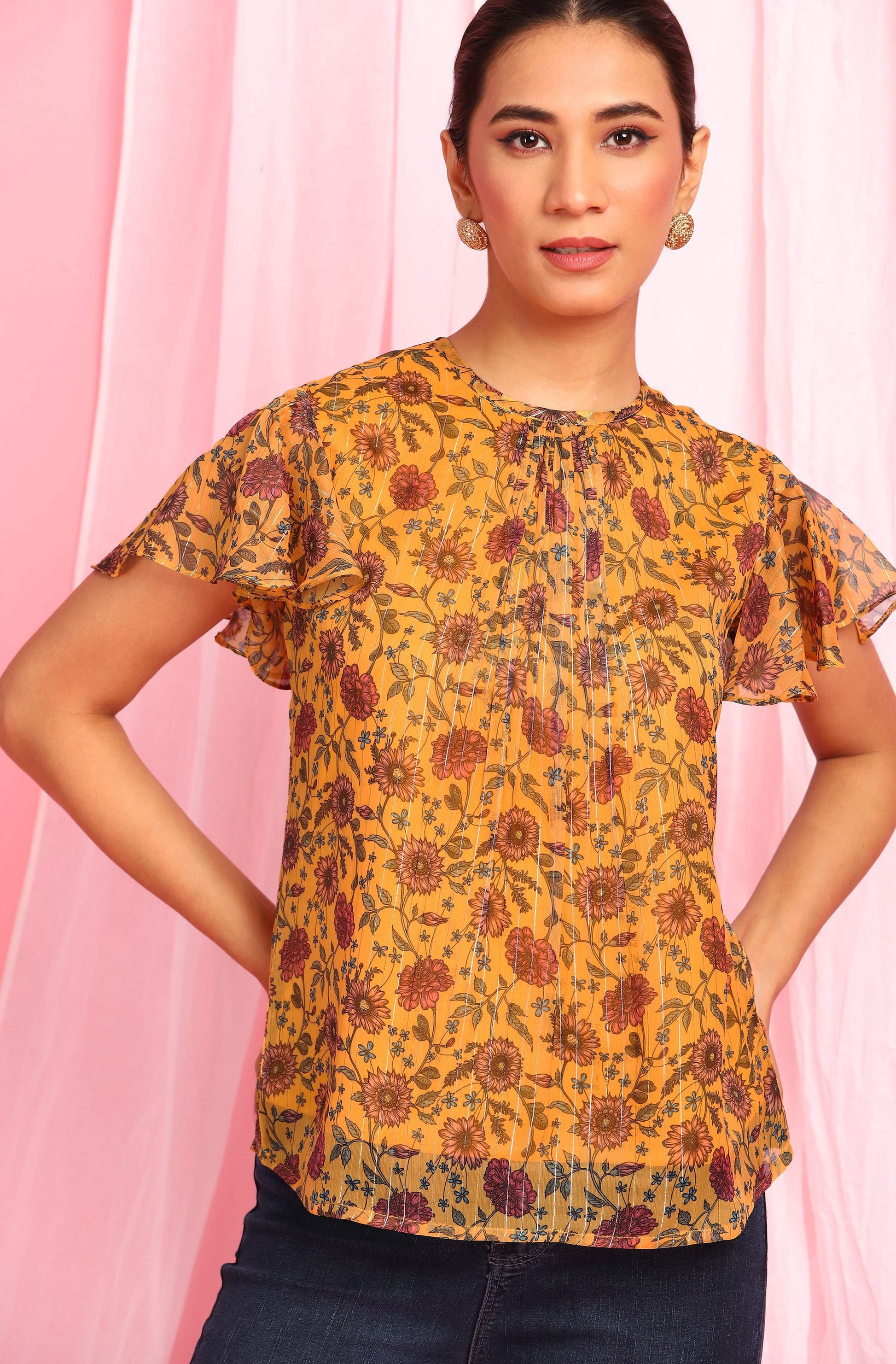 Janasya Women's Mustard Poly Georgette Floral Print Regular Top | Swadesiicart
