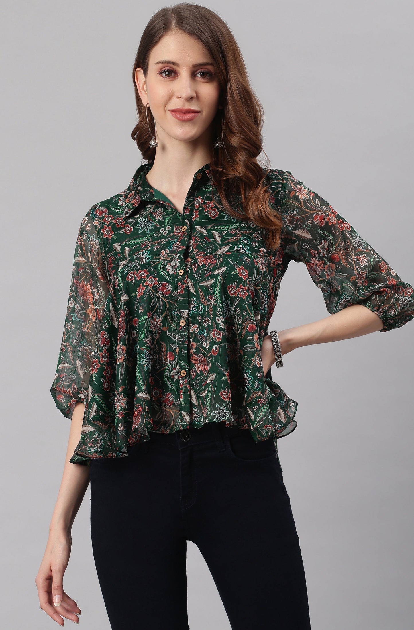 Janasya Women's Green Poly Georgette Floral Print Regular Top | Swadesiicart